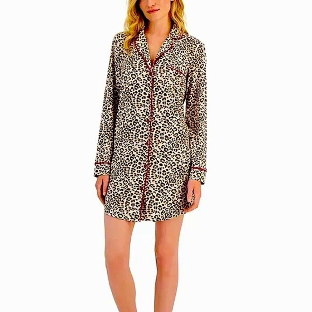 Charter Club Fleece Leopard Animal Print Button Front Sleep Shirt Size Large